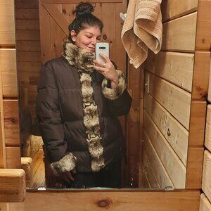 Hilary Radley New York Sz Lg Down Winter Jacket Faux Fur Collar Wrists No Hood